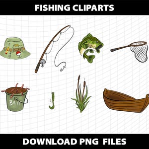 May include: A collection of fishing-themed clip art. Includes a green fishing hat, a fishing rod, a fish, a net, a bucket of worms labeled "BAIT", a hook, some reeds, and a wooden boat. The text "FISHING CLIPARTS" and "DOWNLOAD PNG FILES" are at the top and bottom.