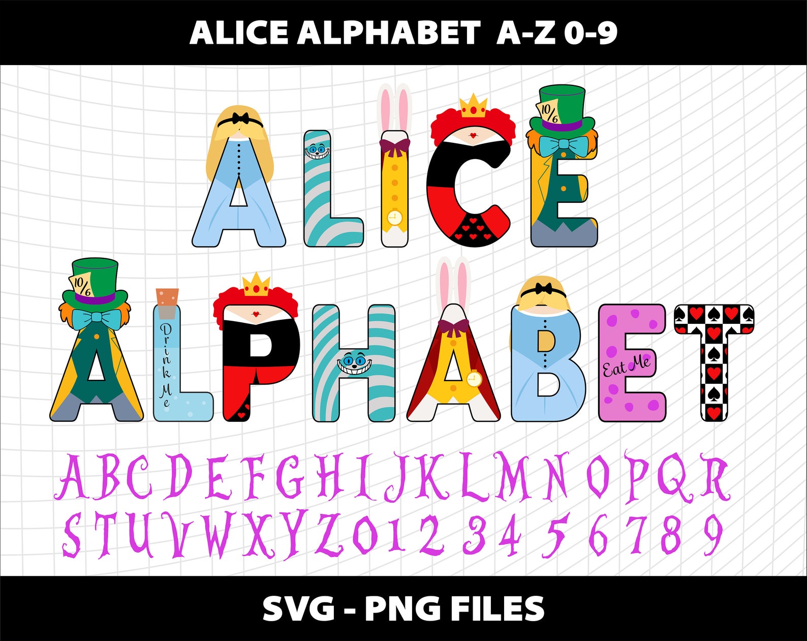 Alice in Wonderland Letters Alphabet Font Svg Png Bundle Birthday Party ...