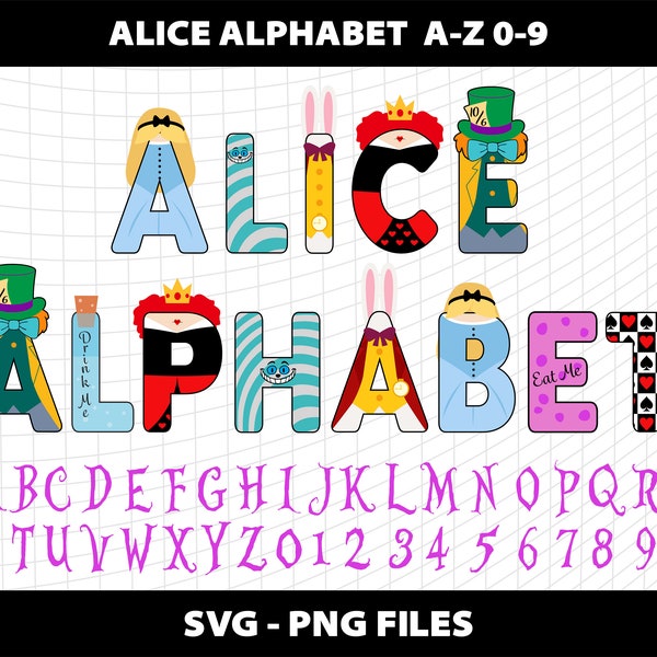 Alice au pays des merveilles lettres Svg Alphabet police Bundle Sublimation Alice au pays des merveilles Alphabet polices Svg Design Télécharger motif fichier numérique