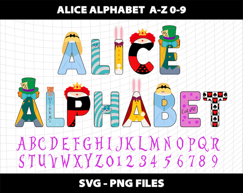 Alice in Wonderland Letters Alphabet Font Svg Png Bundle Birthday Party ...