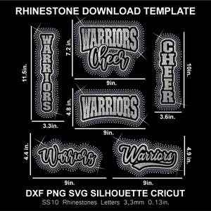 Puede incluir: Una plantilla digital de descarga de pedrería con las palabras Warriors y Cheer en varios diseños. Los diseños incluyen letras plateadas con contornos de pedrería y dimensiones específicas en pulgadas, como 11.5 pulgadas por 3.3 pulgadas y 9 por 7.2 pulgadas.