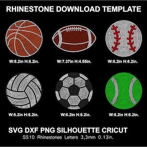 Op de afbeelding: Een zwarte achtergrond toont strass-sjablonen van sportballen: een basketbal, American football, honkbal, volleybal, voetbal en tennisbal. Elk ontwerp is voorzien van afmetingen in inches. De tekst "RHINESTONE DOWNLOAD TEMPLATE" staat bovenaan.