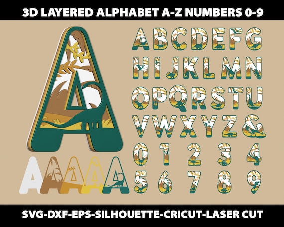 3D Layered Dinosaur Svg Alphabet Paper Laser Cut Template Decor Children Kids Room Letters Font Silhouette Cricut Dxf Digital File