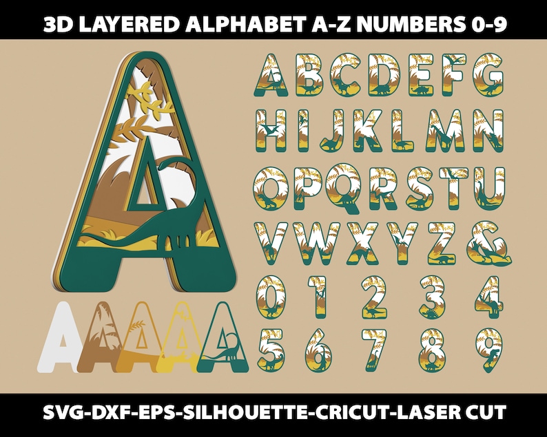 3D-lager dinosaurie Svg alfabet papper laserskuren mall dekor barn barnrum bokstäver typsnitt silhuett Cricut Dxf digital fil bild 1