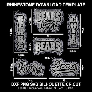 Peut inclure: Sur fond noir, des modèles de téléchargement de strass pour les motifs "BEARS" et "CHEER" sont présentés. Les modèles sont de différentes tailles, le plus grand mesurant 29,2 cm de haut. Le texte "RHINESTONE DOWNLOAD TEMPLATE" est en haut.
