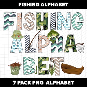 Letras del alfabeto de pesca, clipart, PNG, doodle, paquete de fuentes, sublimación, Día del Padre, diseño DTF, descarga de plantilla de archivo digital