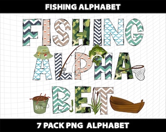 Fishing Alphabet Letters Clipart Png Doodle Font Bundle Sublimation Father Day DTF Design Download Digital File Template
