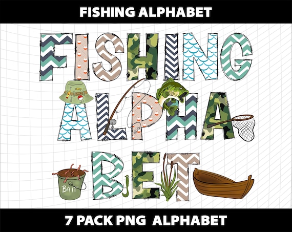 Fishing Alphabet Letters Clipart Png Doodle Font Bundle Sublimation Father Day DTF Design Download Digital File Template