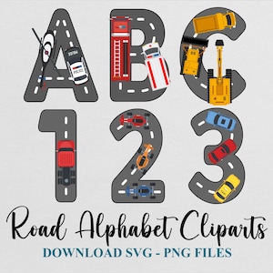 Alfabeto stradale, numeri, lettere, font, SVG, PNG, clipart, costruzione, camion dei pompieri, polizia, gara, Kidzone, modelli stampabili, download, file digitale