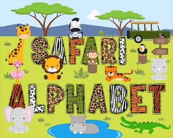 Animal Safari Font Alphabet Letters and Cliparts Sublimation Doodle Design Font Template Download Cutting Digital File