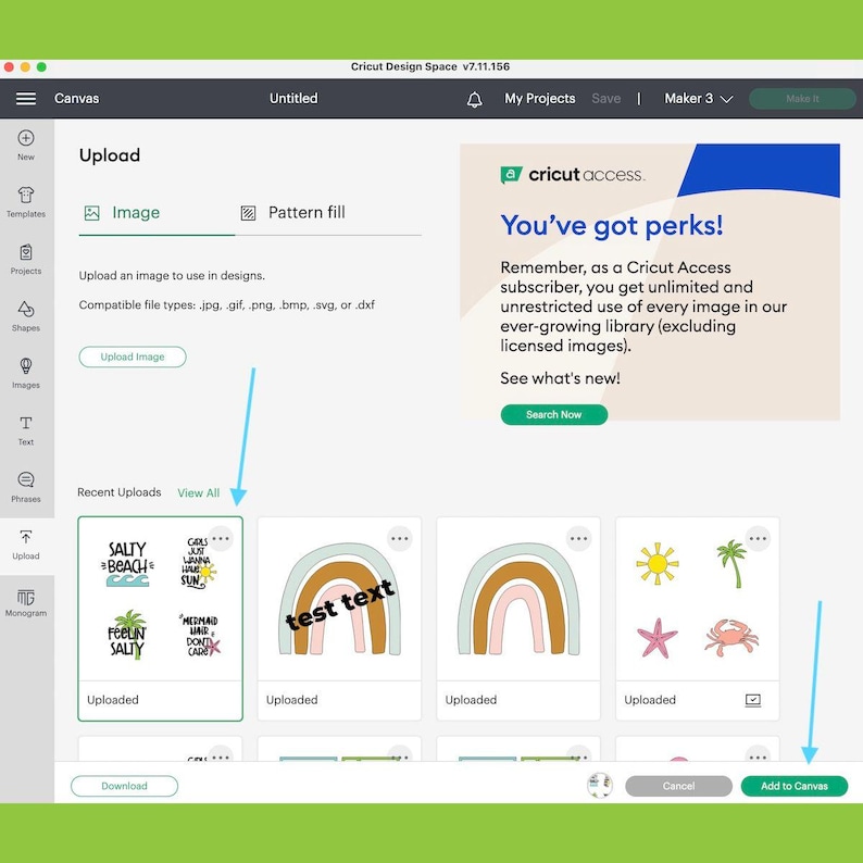 May include: A screenshot of the Cricut Design Space software showing a selection of recently uploaded images. The images include a beach-themed design with the text "Salty Beach", a rainbow design with the text "test text", and a design with a sun, a palm tree, a starfish, and a crab. The user can add these images to their canvas.