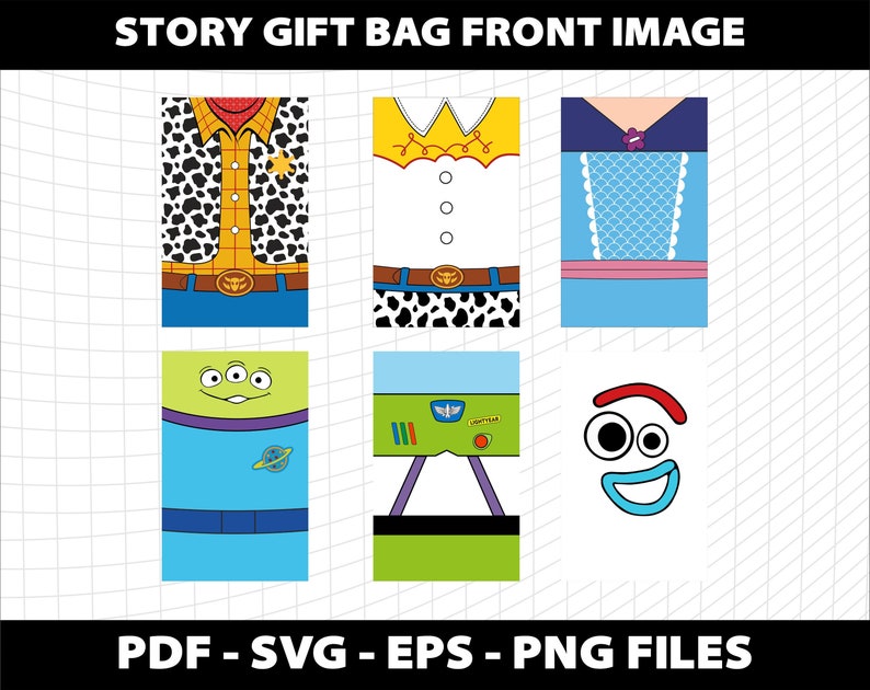Puede incluir: Seis dise&ntilde;os de bolsas de regalo con ilustraciones de personajes. Los dise&ntilde;os incluyen un chaleco de vaquero, un atuendo de vaquera, un vestido azul, un extraterrestre verde, un uniforme de Buzz Lightyear y una cara de Forky. El texto "STORY GIFT BAG FRONT IMAGE" est&aacute; en la parte superior.