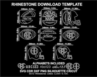 Rhinestone Football Split Monogram Team Name Font Letters Alphabet Sports Silhouette Cricut Svg Cutting Template Download Digital File SS10