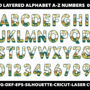 Puede incluir: Un conjunto de letras del alfabeto 3D en capas A-Z y n&uacute;meros del 0 al 9. Cada letra y n&uacute;mero est&aacute; dise&ntilde;ado con un tema de jungla, con colores verde y dorado y siluetas de animales. Las letras y los n&uacute;meros est&aacute;n delineados en verde oscuro. La imagen incluye el texto "SVG-DXF-EPS-SILHOUETTE-CRICUT-LASER CUT".