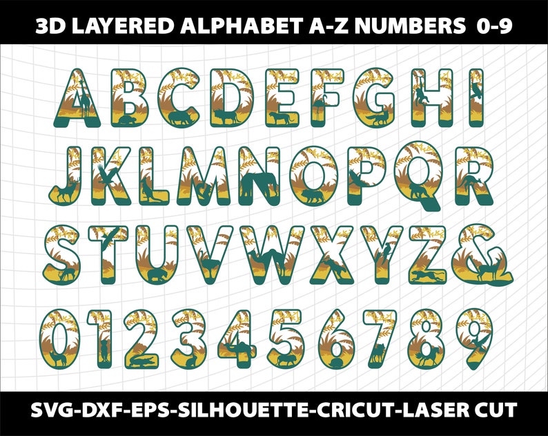 Puede incluir: Un conjunto de letras del alfabeto 3D en capas A-Z y n&uacute;meros del 0 al 9. Cada letra y n&uacute;mero est&aacute; dise&ntilde;ado con un tema de jungla, con colores verde y dorado y siluetas de animales. Las letras y los n&uacute;meros est&aacute;n delineados en verde oscuro. La imagen incluye el texto "SVG-DXF-EPS-SILHOUETTE-CRICUT-LASER CUT".