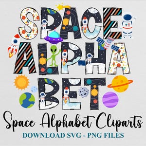Letras do alfabeto espacial clipart svg png galáxia astronauta foguete planeta doodle pacote de fontes sublimação design download modelo de arquivo digital