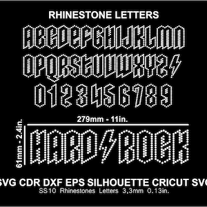 May include: A black and white image displaying a set of rhinestone letters and numbers in a bold, blocky font. The letters are arranged in two rows, with the numbers below. The letters are 3.3 mm (0.13 in) tall and are made of SS10 rhinestones. The image also includes the text "RHINESTONE LETTERS" and "SVG CDR DXF EPS SILHOUETTE CRICUT SVG".