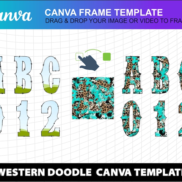 Canva Frame Template Western Doodle Blank Letters Transparent Alphabet Font Design Photo Fill Editable Download Digital File