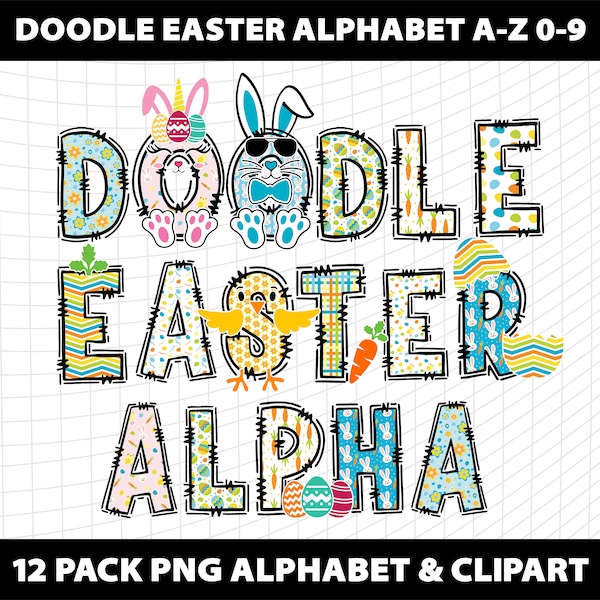 Doodle Easter Egg Spring Letters Alphabet and Clipart Bundle PNG Sublimation Design Download Digital File Template Commercial use