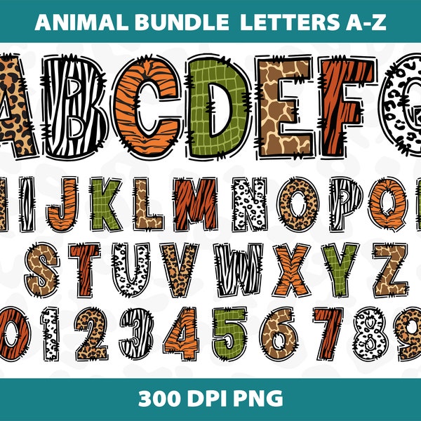 Animal Doodle Bundle Font Sublimation Safari Letters Alphabet Leopard Design Font Template Download Cutting Digital File