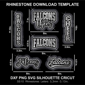 May include: A digital rhinestone download template featuring the text Falcons and Cheer in various fonts and layouts. Dimensions are labeled in inches, including 11.5 by 3.2, 7 by 9, 10 by 3.6, 4.9 by 9, and 4.6 by 9. Includes SS10 0.13 inch rhinestones.