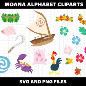 May include: A set of Moana-themed clipart images. Includes a wooden spear, a green and white decorative element, a pink seashell, a silver hook, a sailboat, a blue and white swirl, a purple crab, a pink pig, a rooster, and various flowers and leaves.