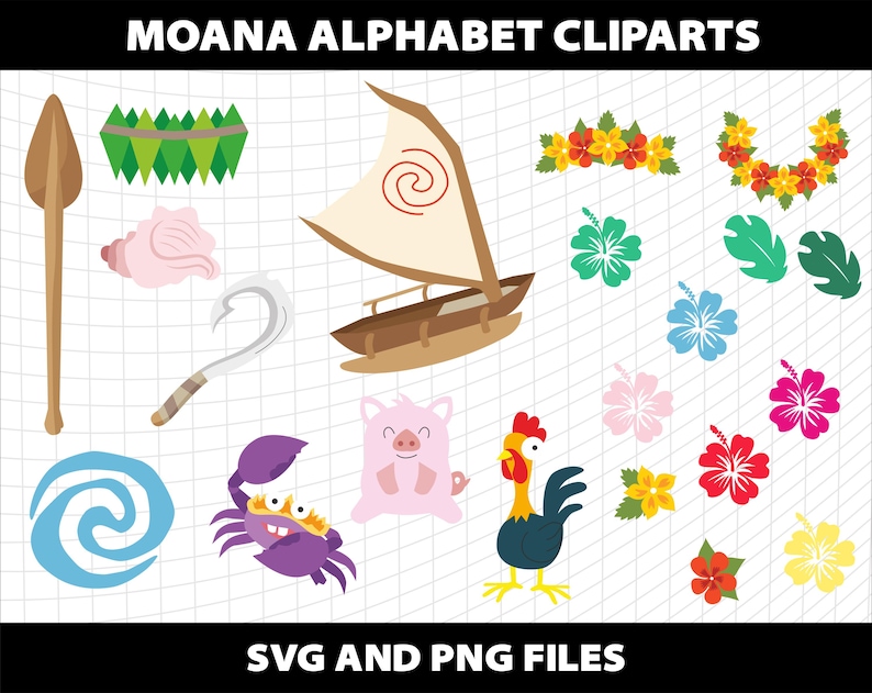 May include: A set of Moana-themed clipart images. Includes a wooden spear, a green and white decorative element, a pink seashell, a silver hook, a sailboat, a blue and white swirl, a purple crab, a pink pig, a rooster, and various flowers and leaves.