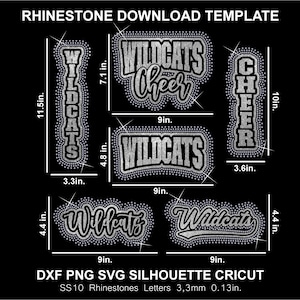 May include: A black digital template with rhinestone designs. The designs include the word "WILDCATS" in various styles, along with the word "CHEER". Measurements are in inches. The template is for DXF, PNG, SVG, and Silhouette Cricut.