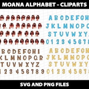 May include: A digital graphic showing the alphabet and numbers in different styles. The image includes letters and numbers in blue, brown, and gold, with some letters designed with a Moana theme. The text "MOANA ALPHABET - CLIPARTS" and "SVG AND PNG FILES" is also present.