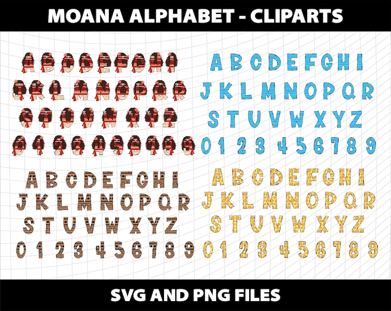May include: A digital graphic showing the alphabet and numbers in different styles. The image includes letters and numbers in blue, brown, and gold, with some letters designed with a Moana theme. The text "MOANA ALPHABET - CLIPARTS" and "SVG AND PNG FILES" is also present.