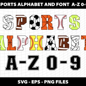 Fuente deportiva SVG, letras del alfabeto, paquete deportivo, garabatos, baloncesto, fútbol, béisbol, voleibol, fútbol, tenis, sóftbol, descargar archivo digital