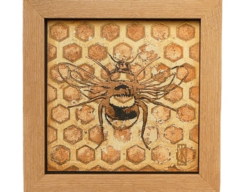 Bee Wall Art Bumblebee Lino Print Honeycomb Artwork For Living Room Copper Bee Boho Wall Decor Bee Gift For Nature Lover 6x6 inch Artwork