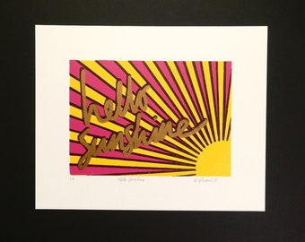 Hello Sunshine Wall Art Sunburst Lino Print New Baby Gift Colorful Wall Art Vintage Inspired Decor Sunburst Wall Decor Positive Quote Print