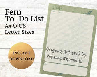 Puede incluir: Una lista de tareas imprimible en verde y crema con ilustraciones de helechos. El texto dice "Fern To-Do List A4 & US Letter Sizes" y "Original Artwork by Rebecca Ravenhill". Un círculo dorado indica una descarga instantánea.