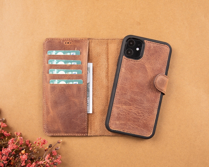 Light Brown Leather iPhone 11 Series Magnetic Detachable Wallet Case whit Card Slots iPhone 11 Pro Pro Max Protective Back Cover Cases