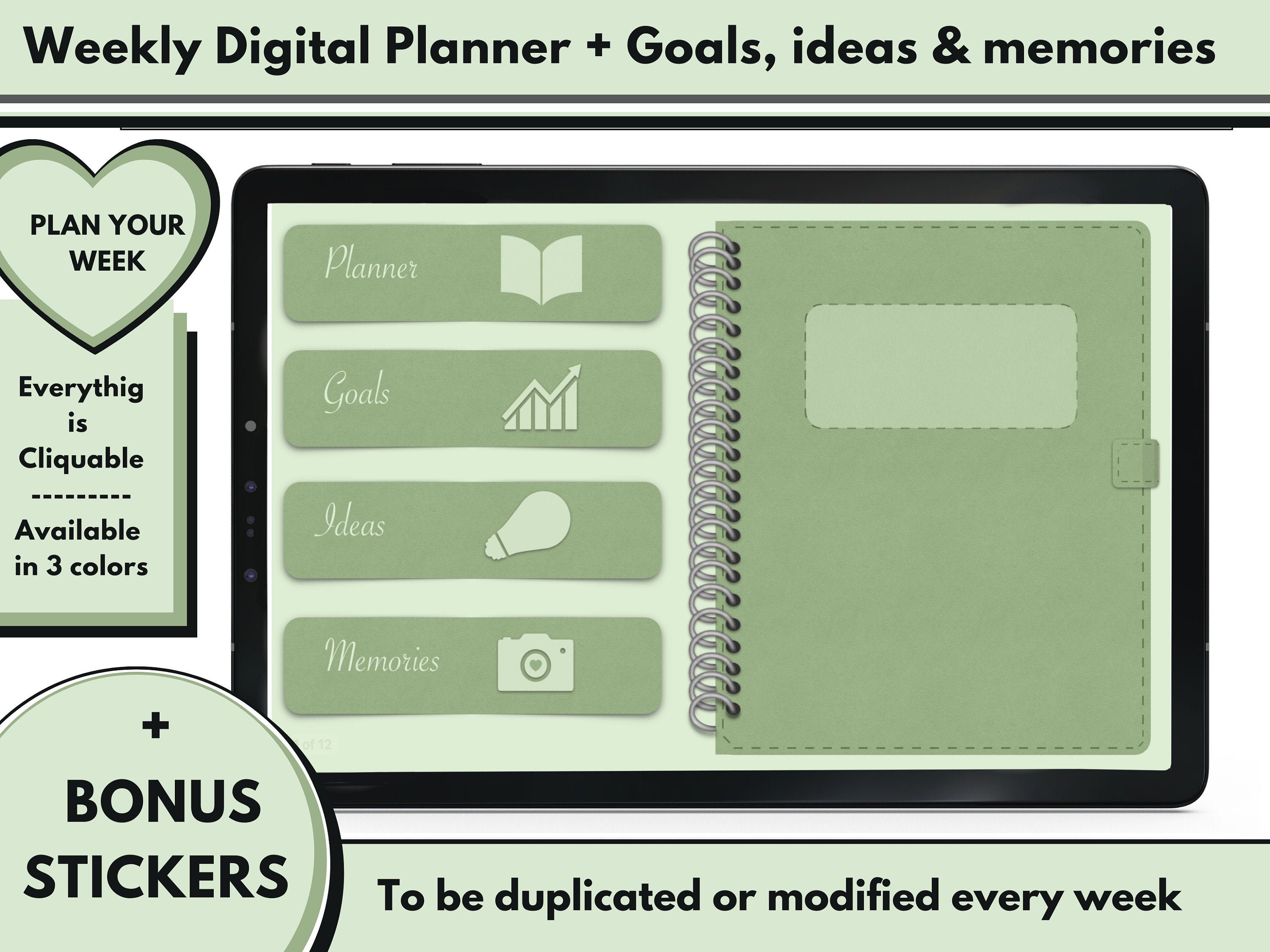Mint Green Weekly Digital Planner with ideas sheets goals and Etsy