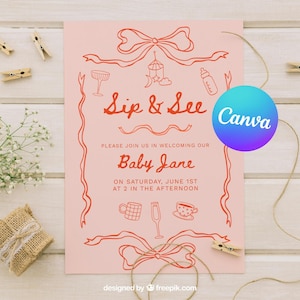 Editable Sip and See Invitation for Baby Girl - Boho Meet the Baby Template - Pink Neutral Baby Shower After Birth Invite - Digital Download