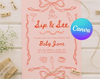 Invitación editable "Sip and See" para niña - Plantilla bohemia para conocer al bebé - Invitación para baby shower en rosa neutro - Descarga digital