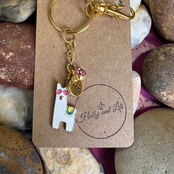 Llama White Style Personalised Keychain, Keyring Alphabet Initials, Llamas, Llama Keyring, Birthstone Charm, Animal Zipper