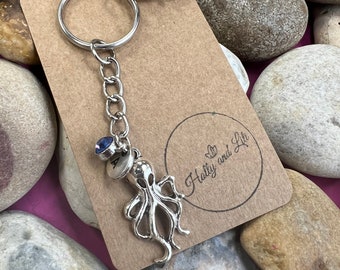 Octopus Keychain: Personalized Initial & Birthstone Charm