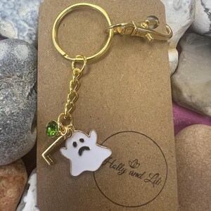 以下が含まれることがあります： 白い幽霊のチャーム、緑色の宝石、金色の鍵が付いた金色のキーホルダー。キーホルダーは、「Holly and Lili」という白い文字が書かれた茶色のカードに付けられています。