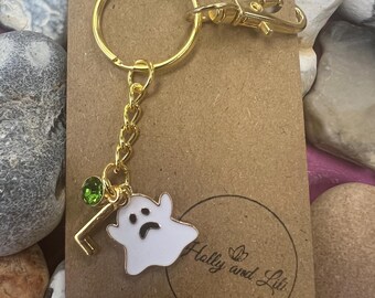 Personalized Ghost Keychain: Initial & Birthstone Charm, Spooky Gift