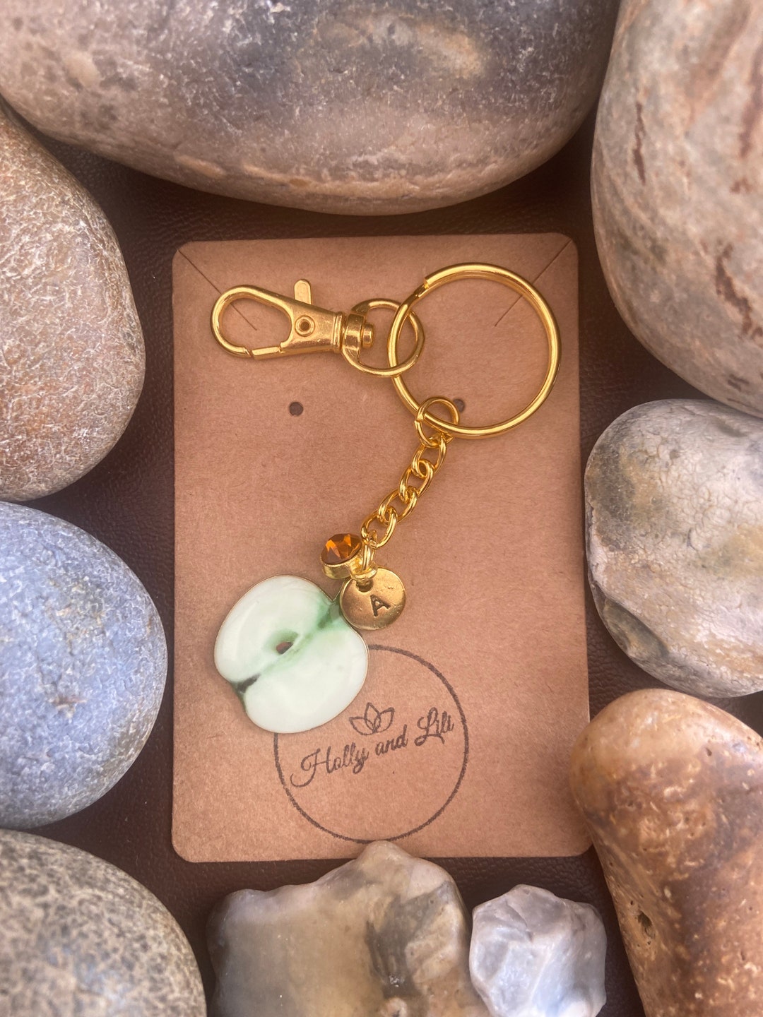Personalized Apple Keychain: Initial Charm & Birthstone - Etsy