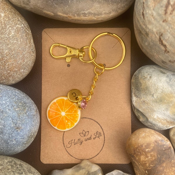 Orange Style Personalised Keychain, Orange Fruit Keyring, Oranges Alphabet Initials, Birthstone Charm, Fruit Gift, Orange Fruit Zipper Chain