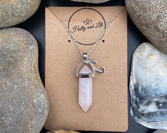 Crystal Rose Quartz Personalised Pendant Necklace With Alphabet Initial & Birthstone Charm, crystals, Raw Crystals, Valentines Gift, BFF
