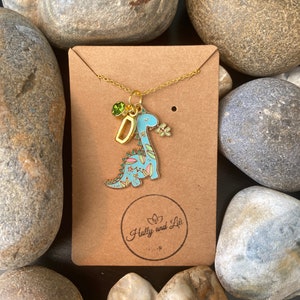 Dinosaur Personalised Pendant Charm Necklace, Gold Or Silver , Alphabet Initials, Birthstone Charm, Dinosaurs, Dino, Dinosaur Necklace, BFF