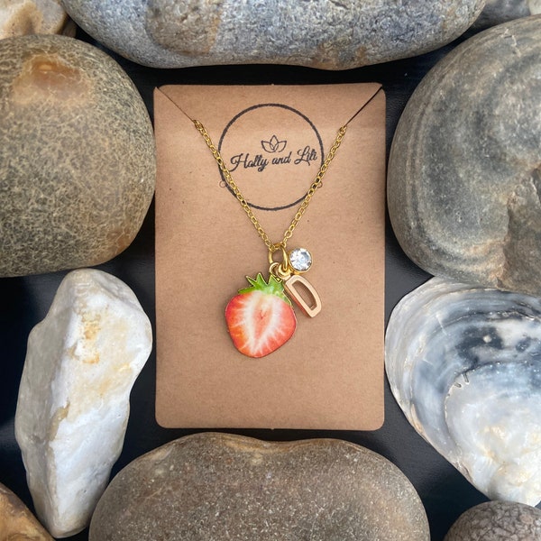 Strawberry Fruit Slice, Personalised Pendant Charm Necklace,  Alphabet Initials, Birthstone Charms, First Necklace, Unique Gift For Daughter