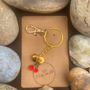 Llavero personalizado con cerezas, iniciales del alfabeto de cerezas, dije de piedra de nacimiento, regalo de fruta, cadena con cremallera de frutas