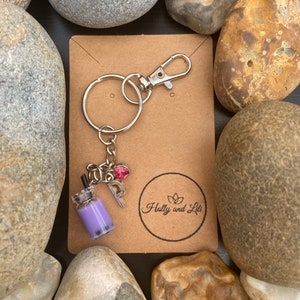 Personalized Purple Boba Keychain: Initial & Birthstone Charm