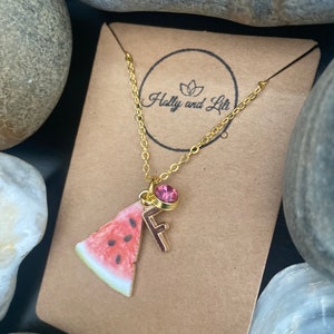 Watermelon Fruit Slice, Personalised Pendant Charm Necklace, Alphabet Initials, Birthstone Charms, First Necklace, Cute Unique Gift For Her image 6